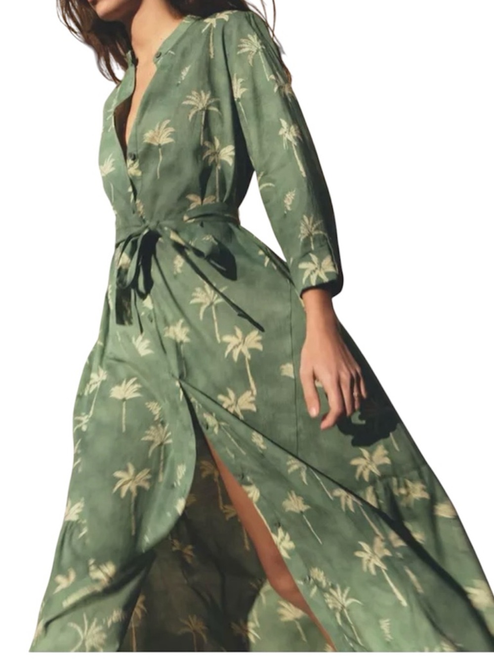 Zara green print midi dress, elbow length sleeves ruffle hem self tie belt L